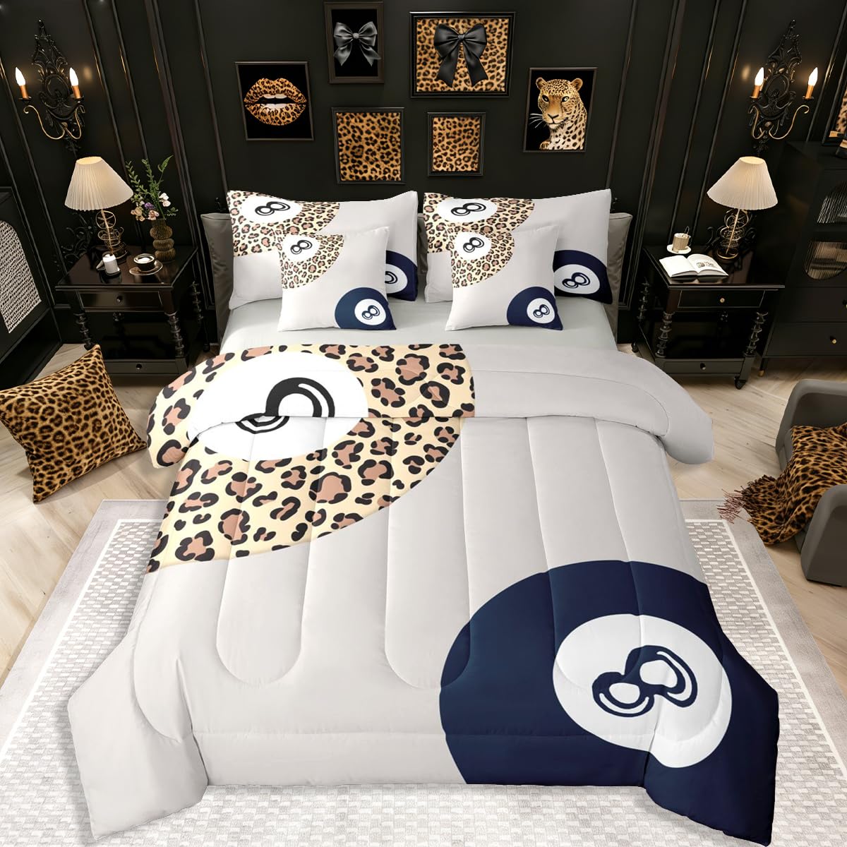 Erosebridal Leopard Print Bedding Set,7 Piece Pink Lucky 8 Ball Cheetah Bed in A Bag Queen Comforter Set for Boys Girls Women Preppy Room Decor Aesthetic Comforter and Sheets Fashion Coquette Bed Set