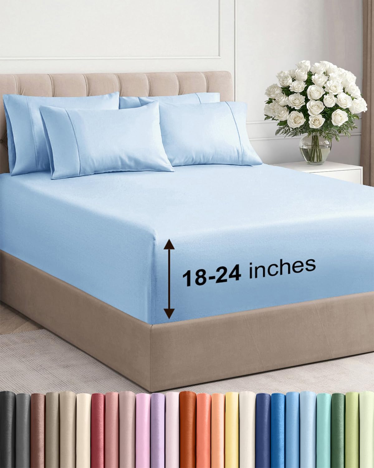 Extra Deep Queen Sheet Set - 6 Piece Breathable and Cooling Sheets - Grey