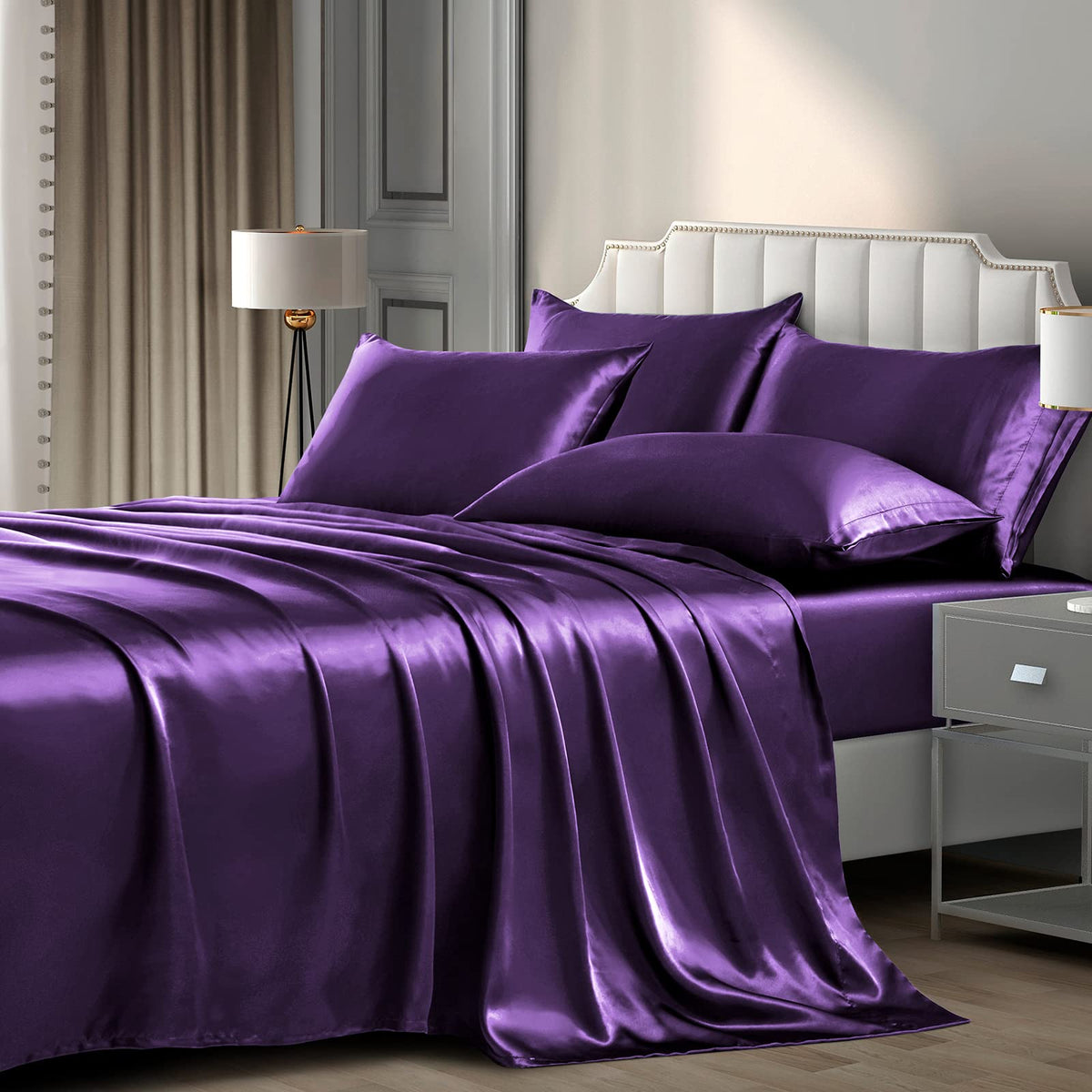 P Pothuiny Satin Sheets Set, Queen (6 Pieces, Taupe) - Luxury Soft Bed Linen Set with 1 Fitted Sheet, 1 Flat Sheet, 4 Pillowcases