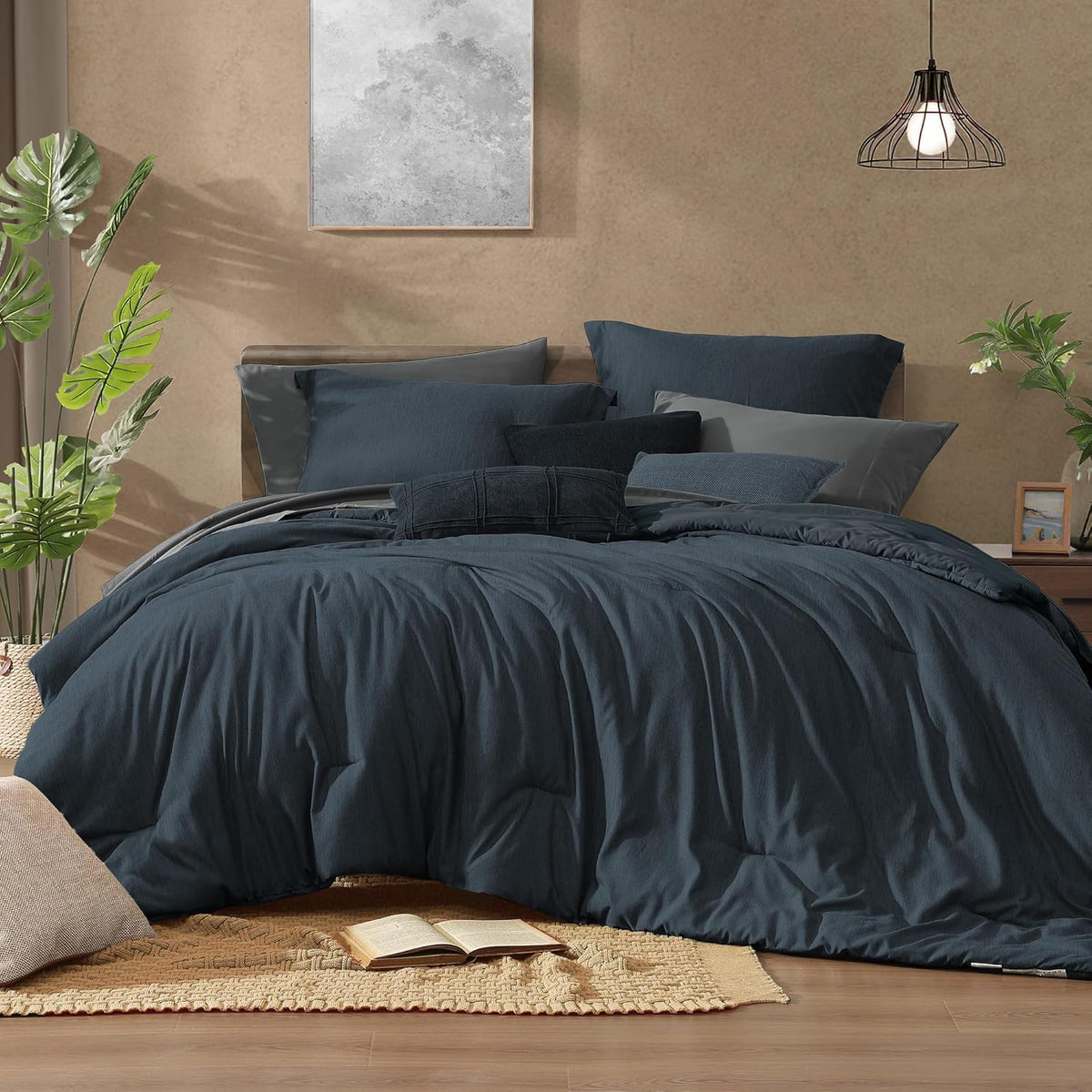 Monbix Queen Comforter Set 7 Pieces Terracotta Cationic Dyeing Bed in a Bag