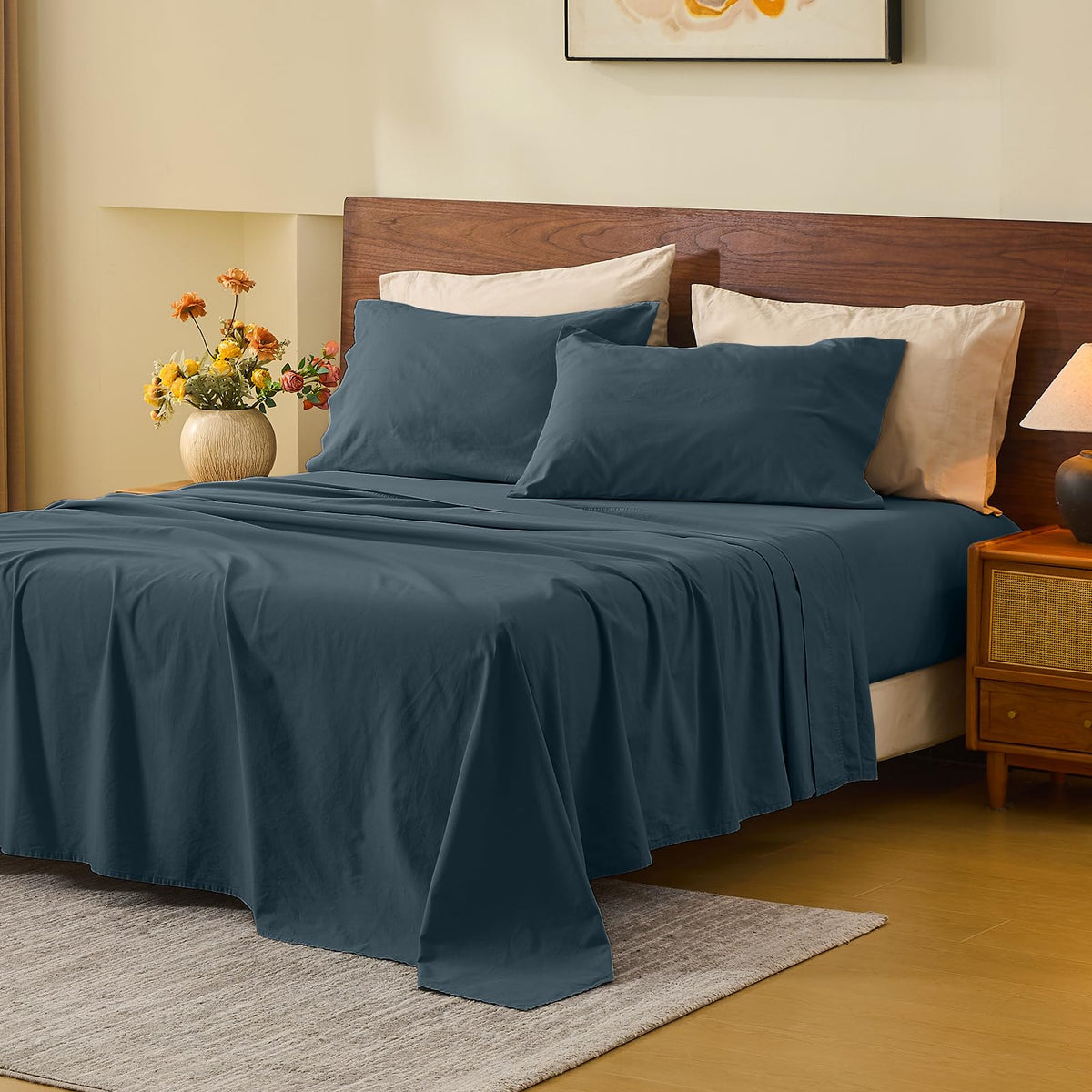 MEISHANG 100% French Linen Sheets Queen,4 Pcs,18-24" Extra Deep Pocket