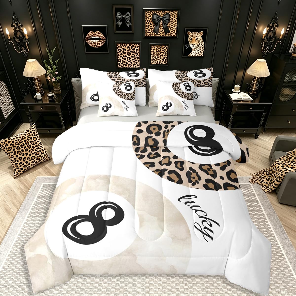 Erosebridal Leopard Print Bedding Set,7 Piece Pink Lucky 8 Ball Cheetah Bed in A Bag Queen Comforter Set for Boys Girls Women Preppy Room Decor Aesthetic Comforter and Sheets Fashion Coquette Bed Set