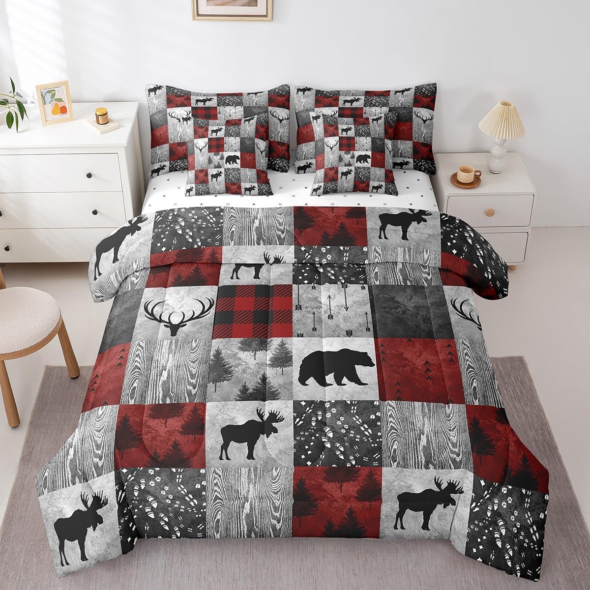Erosebridal 7 Pcs Rustic Cow Comforter Set King Size,Western Texas Star Bed in a Bag with Flat Fitted Sheet for Cowboy Cowgirl,Cowhide Cow Print Bedding Set with Pillowcases and Cushion Cases