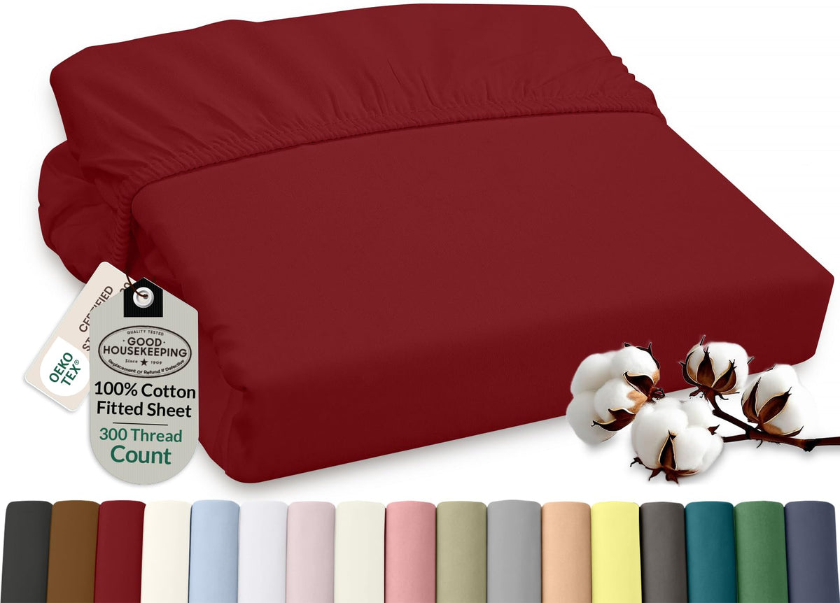 ROYALE LINENS 300 Thread Count 100% Long Staple Combed Cotton Fitted Sheet Full - Super Soft Deep Pocket Bottom Sheet - Fitted Sheets Only - Elastic Sheets (Full, White)