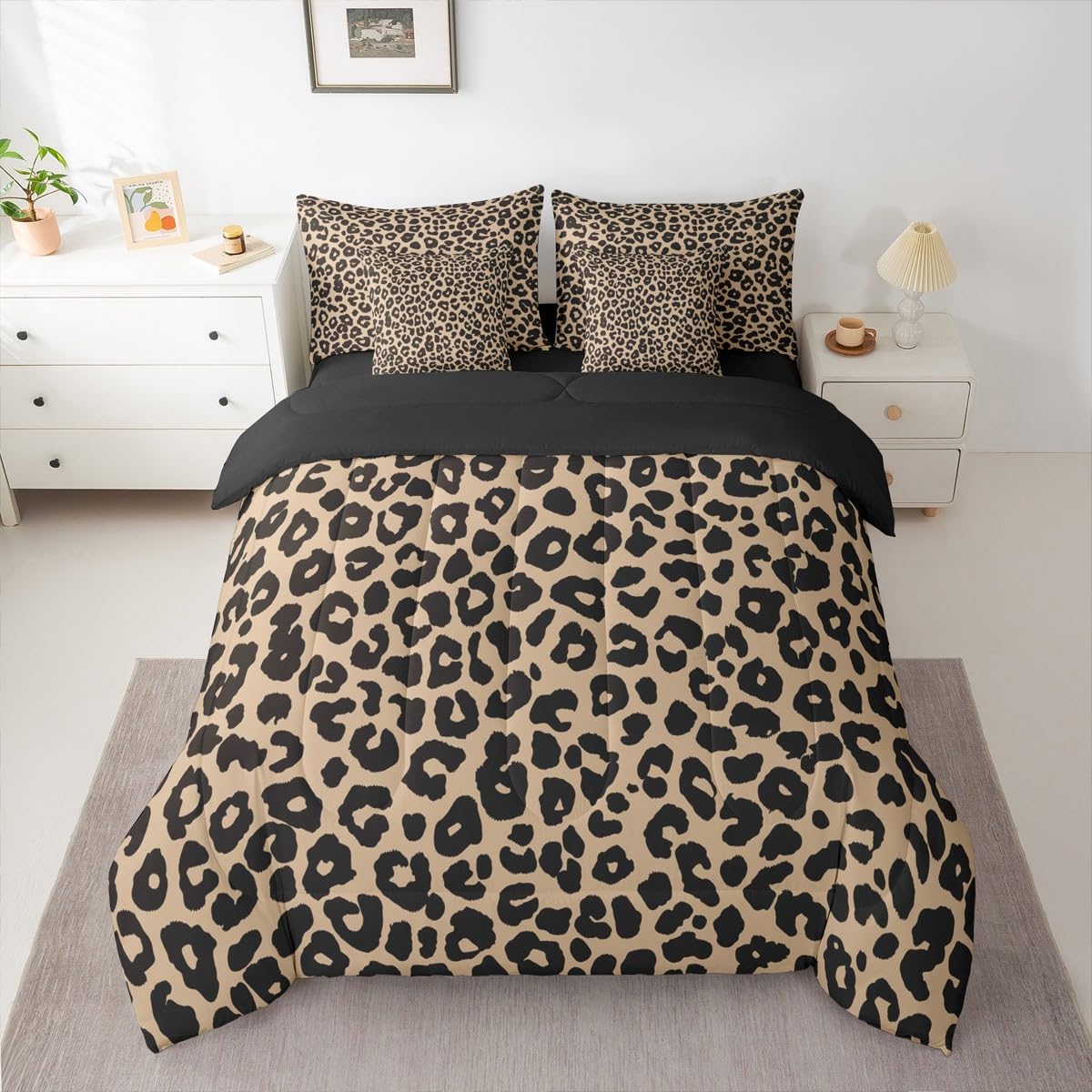 jejeloiu Leopard Print Comforter Set with Sheets 7 Piece Queen Size Cheetah Print Bedding Set for Kids Boys Girls Beige Bed in a Bag Modern Art Room Decor Soft Lightweight Microfiber