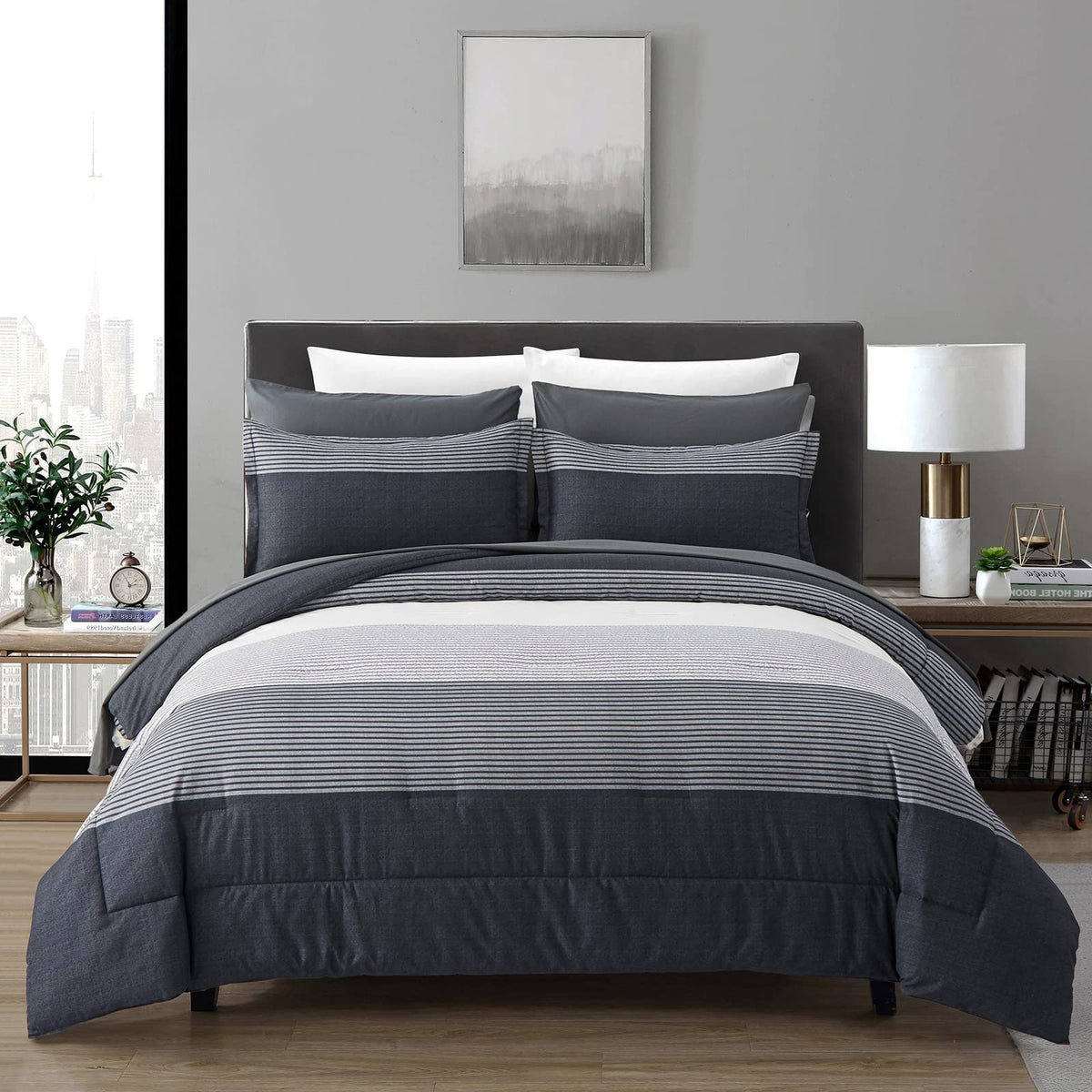 Anibedding Striped Comforter Set Queen Size, Boho Brown Green Striped Bedding Comforter Set 7 Piece Bed in a Bag, Soft Microfiber Down Alternative Farmhouse Bedding Set for All Season(90"x90")
