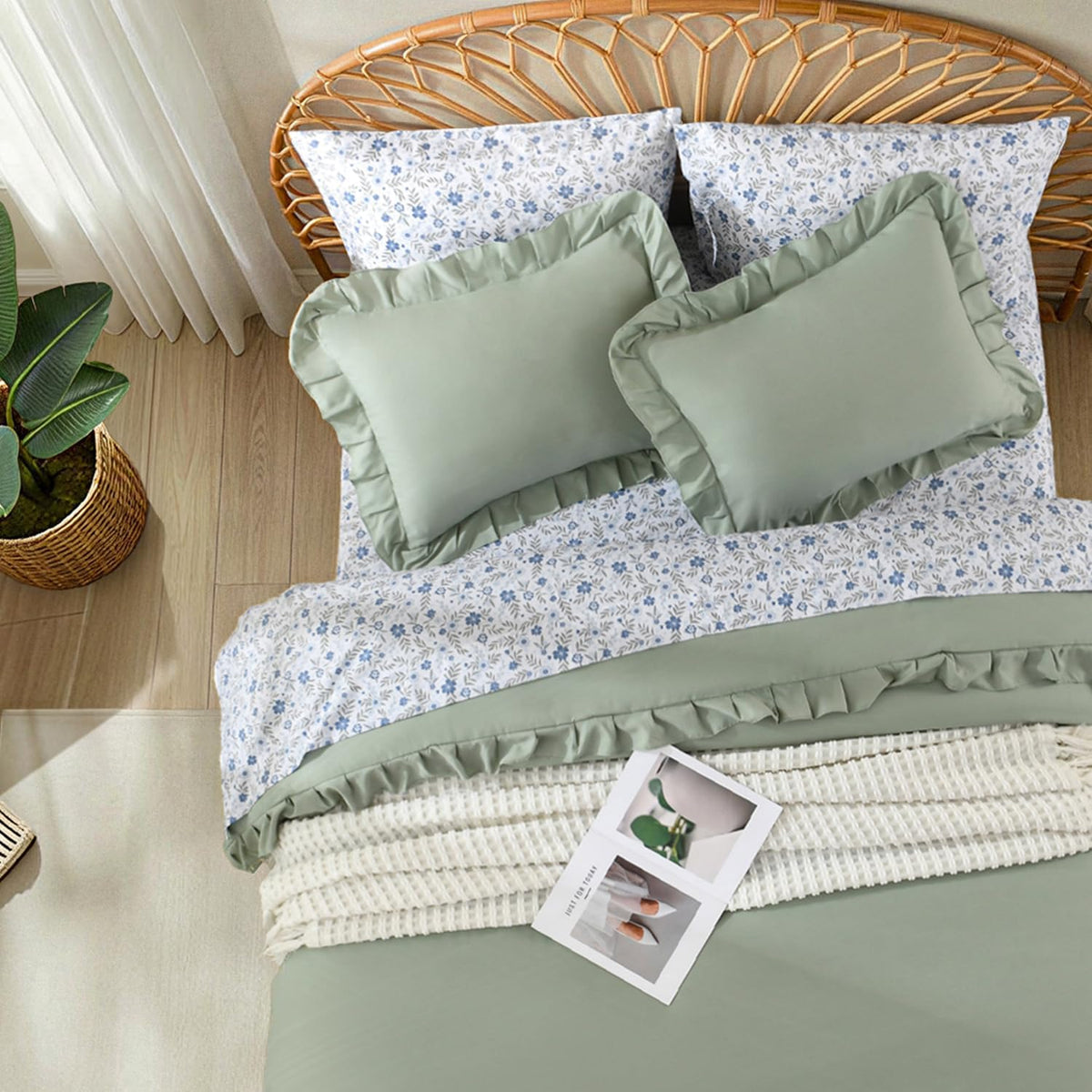 Litanika 7Pcs Queen Ruffled Sage Green Comforter Set with Floral Sheets