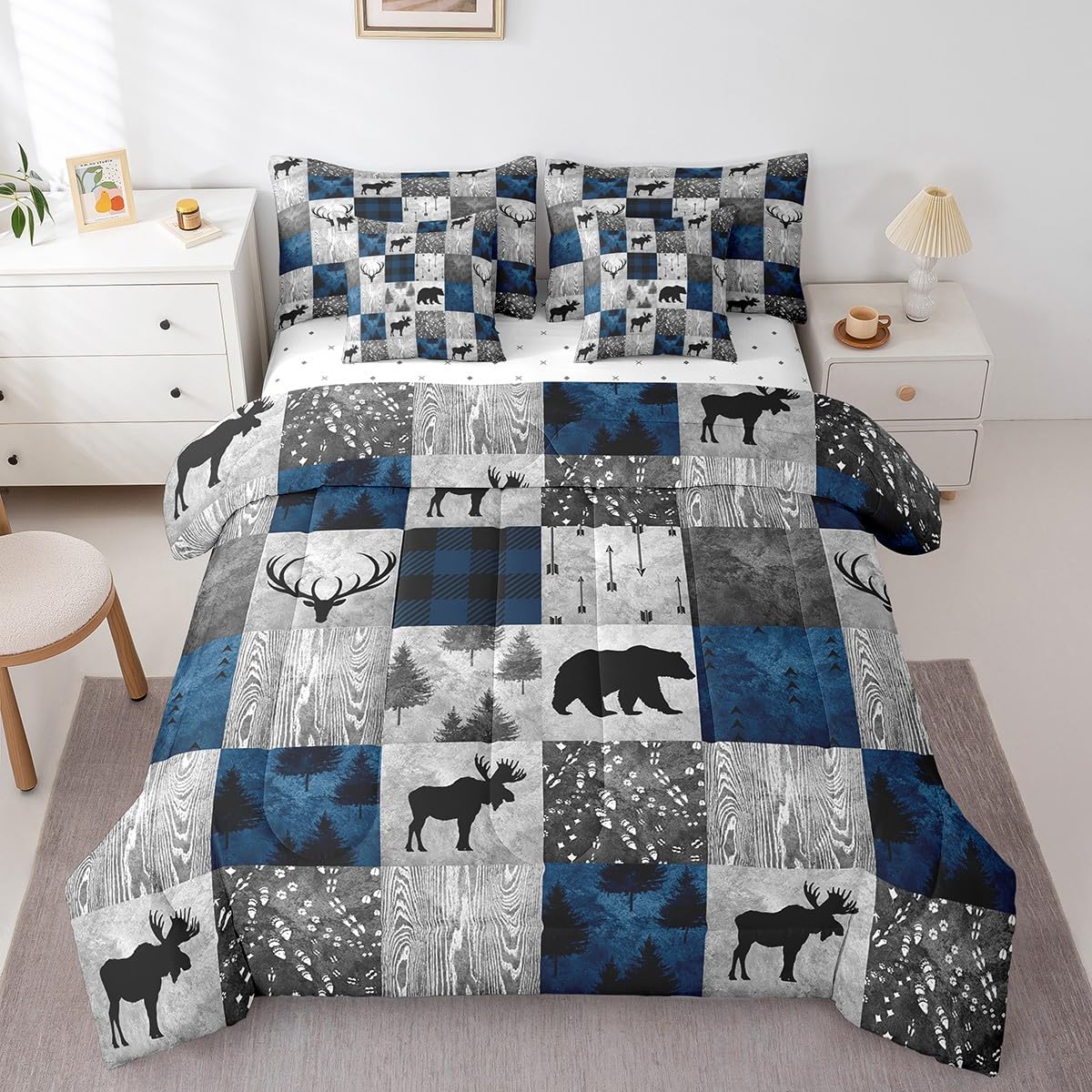 Erosebridal 7 Pcs Rustic Cow Comforter Set King Size,Western Texas Star Bed in a Bag with Flat Fitted Sheet for Cowboy Cowgirl,Cowhide Cow Print Bedding Set with Pillowcases and Cushion Cases