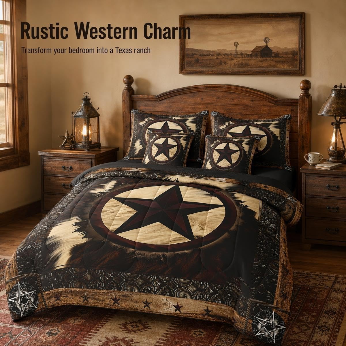 Erosebridal 7 Pcs Rustic Cow Comforter Set King Size,Western Texas Star Bed in a Bag with Flat Fitted Sheet for Cowboy Cowgirl,Cowhide Cow Print Bedding Set with Pillowcases and Cushion Cases