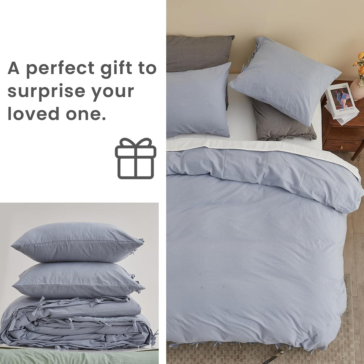 BISELINA 100% Washed Cotton Duvet Cover Set 3pcs with Bowknot Ties Strap Solid Color Linen Like Textured Durable Breathable Soft Comfy Chic Bedding (Twin, Cornflower Blue)