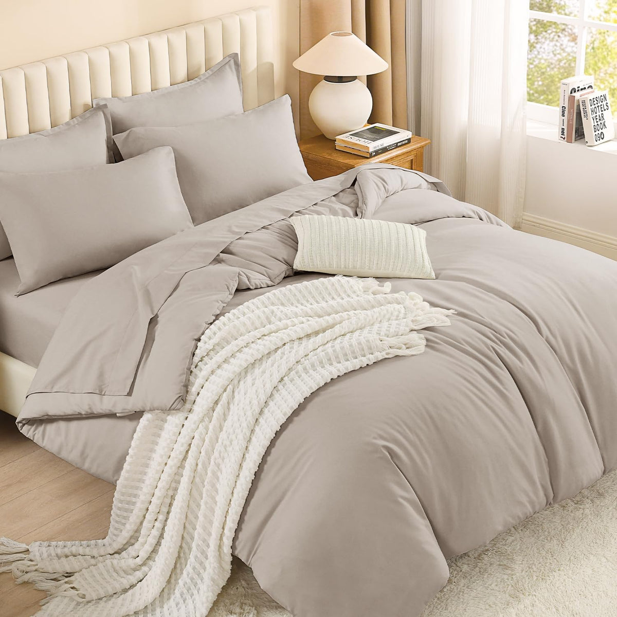 Litanika King Comforter Set with Sheets Beige - 7 Pieces Solid Bed in a Bag