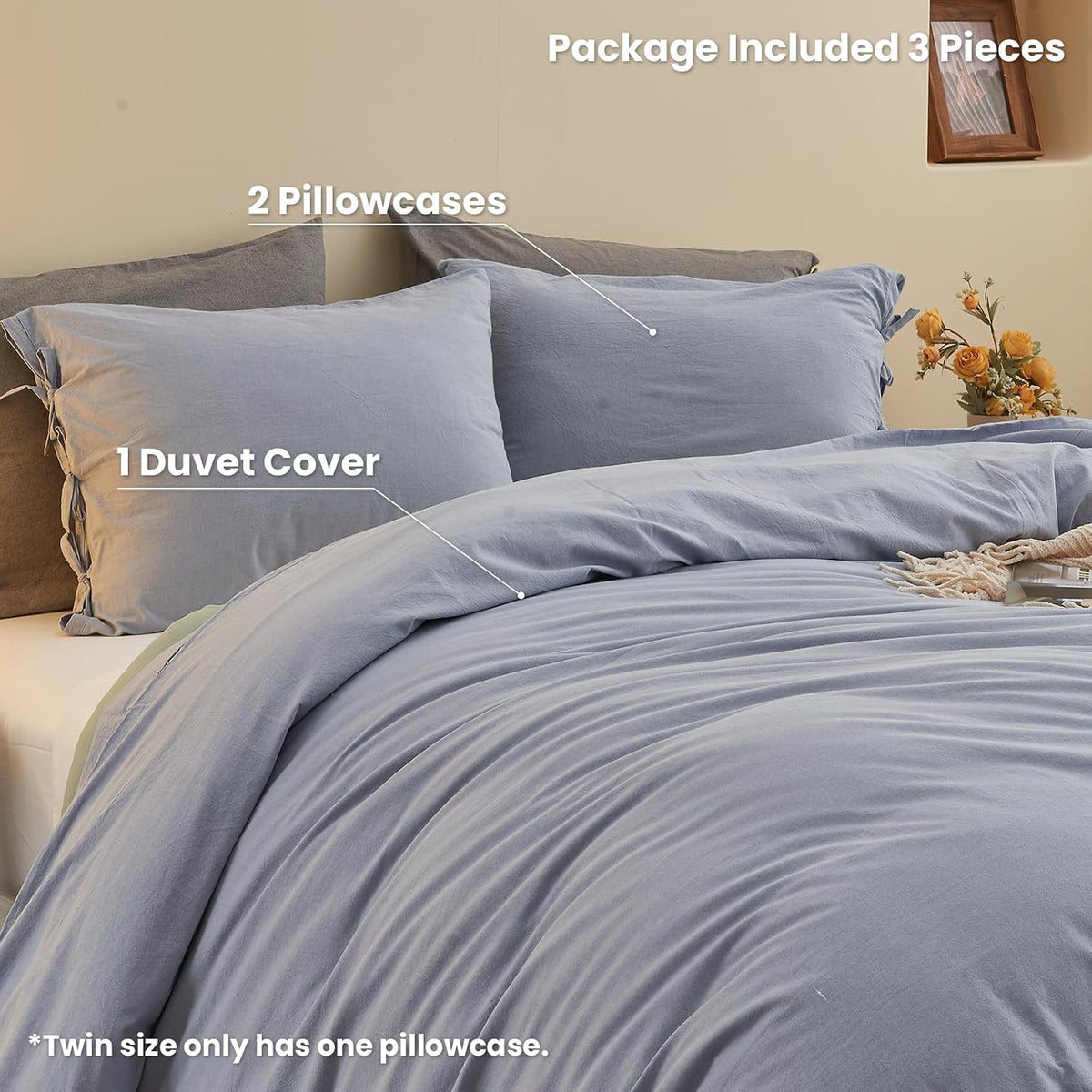 BISELINA 100% Washed Cotton Duvet Cover Set 3pcs with Bowknot Ties Strap Solid Color Linen Like Textured Durable Breathable Soft Comfy Chic Bedding (Twin, Cornflower Blue)