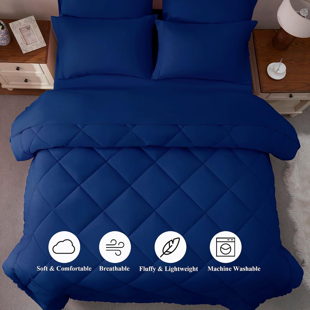 ELNIDO QUEEN® Queen Comforter Set Navy - 7 Pieces Bed in a Bag Queen Size, Bed Set All Seasons, Ultra Soft Dark Blue Bedding Sets with Comforter, Flat Sheet, Fitted Sheet, Pillowcases and Pillow Shams