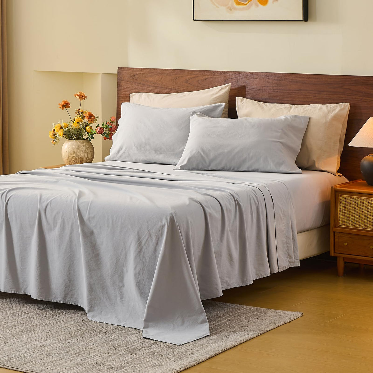 MEISHANG 100% French Linen Sheets Queen,4 Pcs,18-24" Extra Deep Pocket