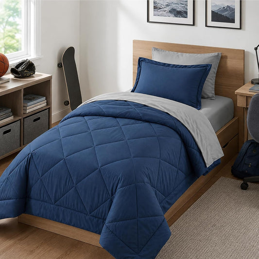 Furnishh 5 Pieces Comforter Set Twin Bed in a Bag, Reversible Bed Set with Comforter, Flat Sheet, Fitted Sheet, Pillowcase & Sham, Navy Blue and Grey Twin Size Bedding Sets for Boys, Girls