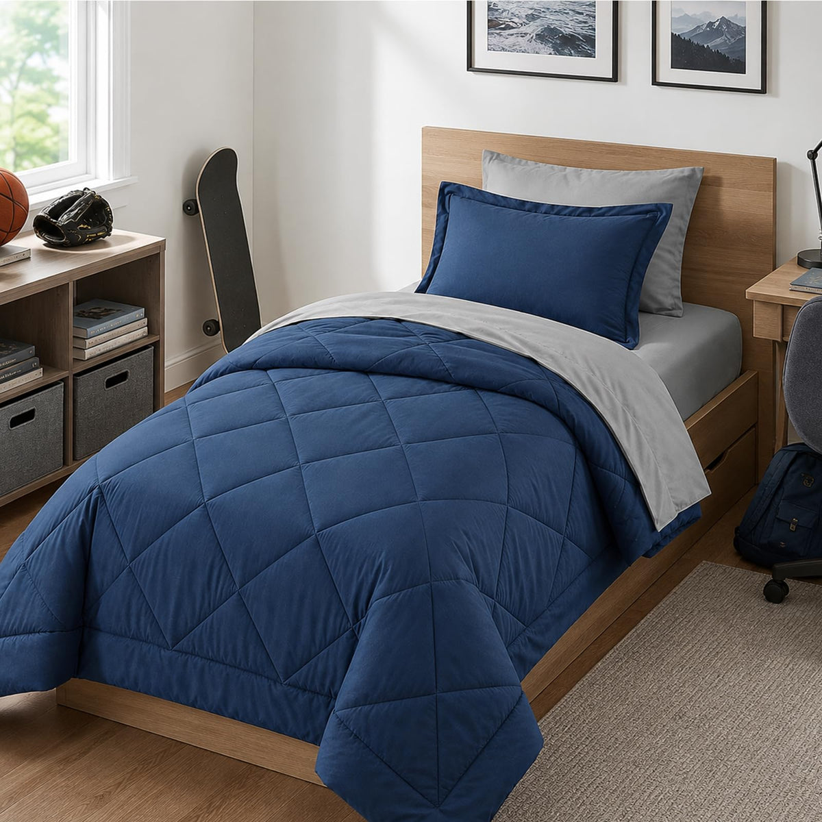 Furnishh 5 Pieces Comforter Set Twin Bed in a Bag, Reversible Bed Set with Comforter, Flat Sheet, Fitted Sheet, Pillowcase & Sham, Navy Blue and Grey Twin Size Bedding Sets for Boys, Girls
