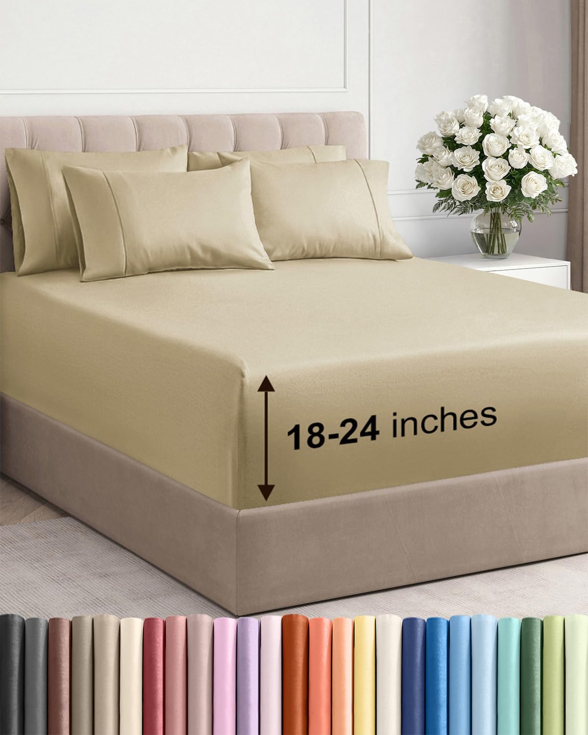 Extra Deep Queen Sheet Set - 6 Piece Breathable and Cooling Sheets - Grey