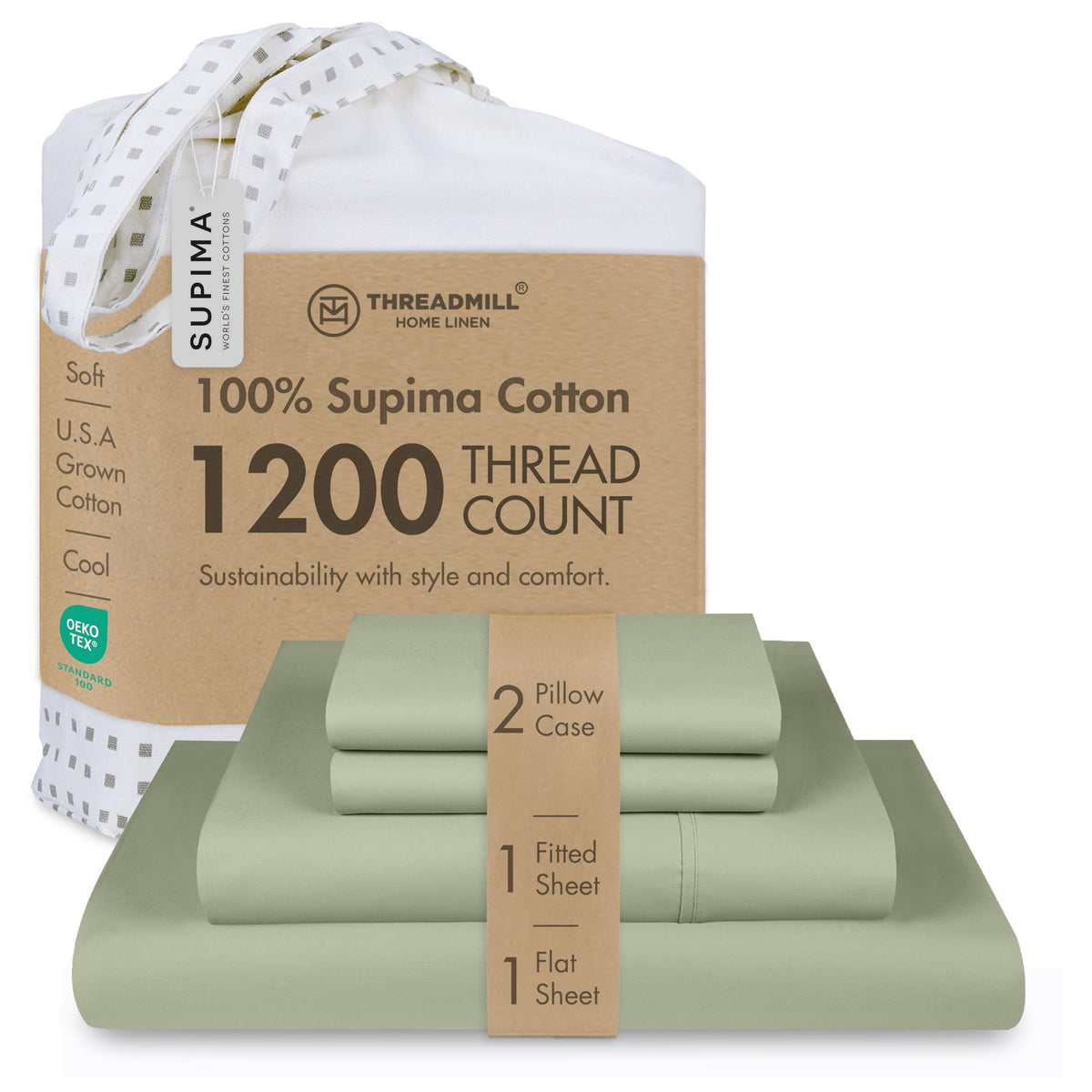 Threadmill 1200 Thread Count Supima Cotton King Sheet Set, Sateen, Ivory