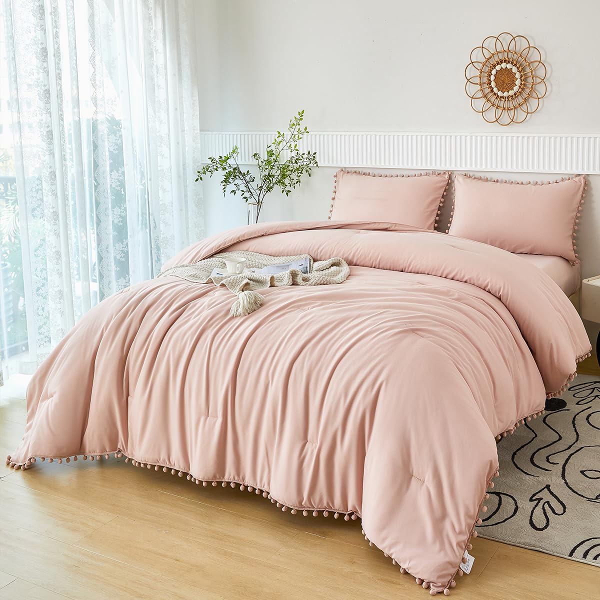 PERFEMET 5 Pieces Lavender Purple Comforter Set Twin Girls Pom Bedding Sets