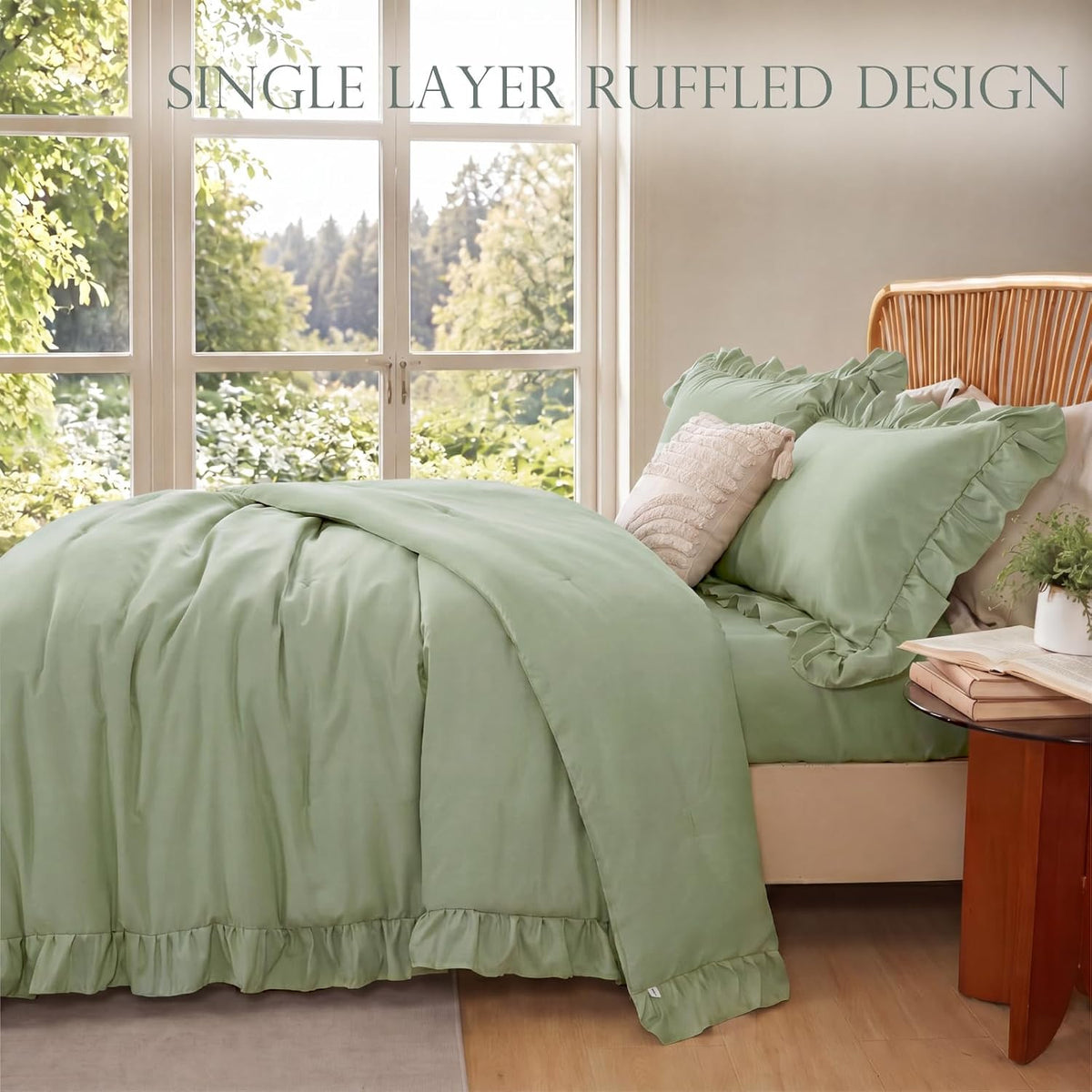 ZRNBAST Full Comforter Set Sage Green, 5 Pieces Ruffle Full Bed Sets, Soft Farmhouse Fluffy Bed in a Bag Shabby Chic Bedding Sets with Ruffled Comforter, Flat Sheet, Fitted Sheet, Pillowcases