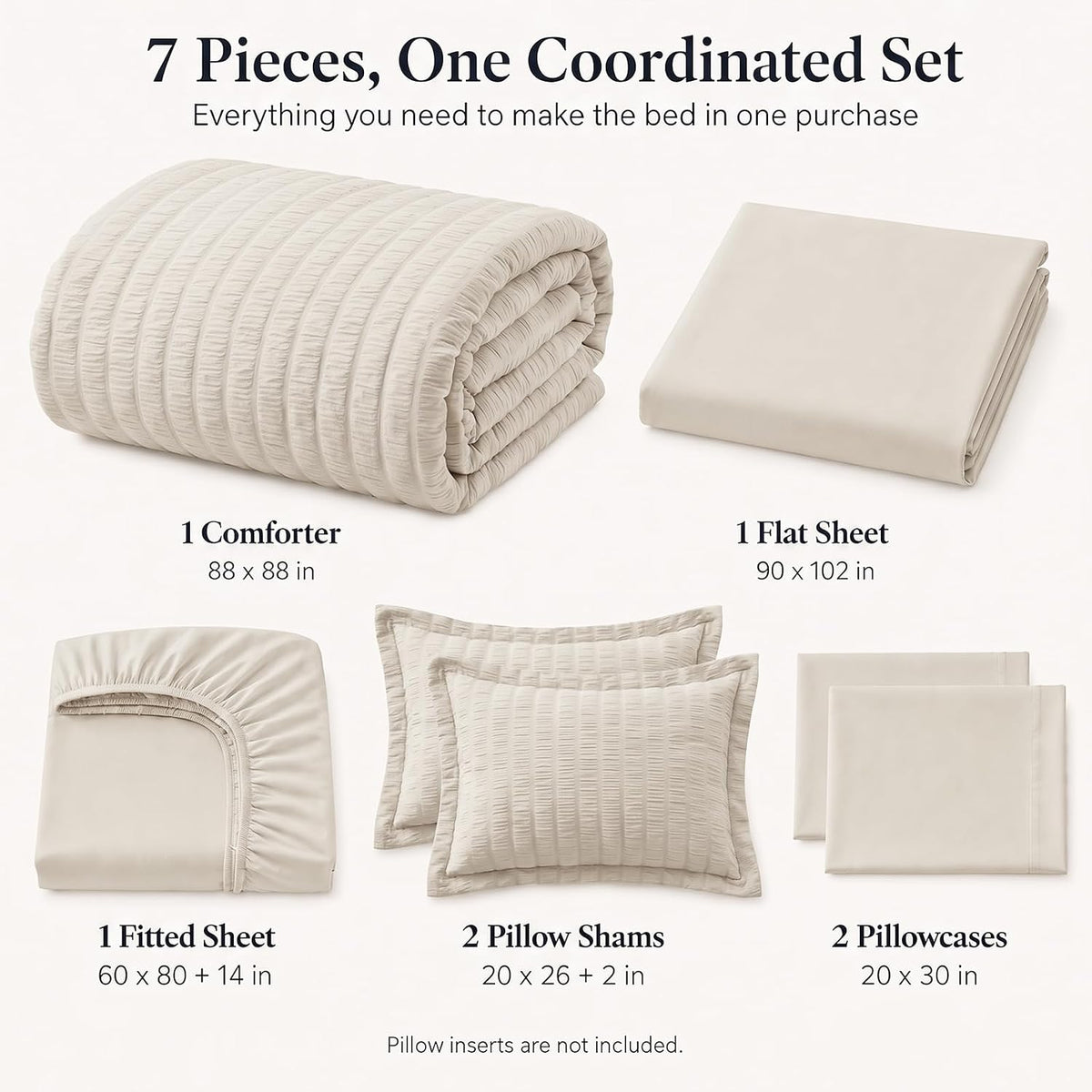 CozyLux Queen Comforter Set, 7 Pieces Beige Seersucker Bed in a Bag
