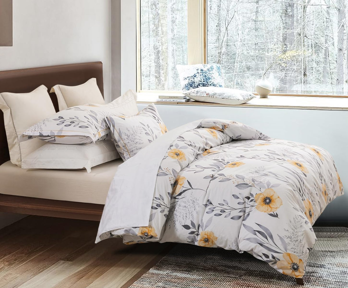 SLEEPBELLA Duvet Cover King Size, 600 Thread Count Cotton Beige & Bluish Grey Printed with Luxurious Leaves Pattern Reversible Botanical Comforter Cover Sets, Bedding Set 3Pcs (King, Beige Paisley)