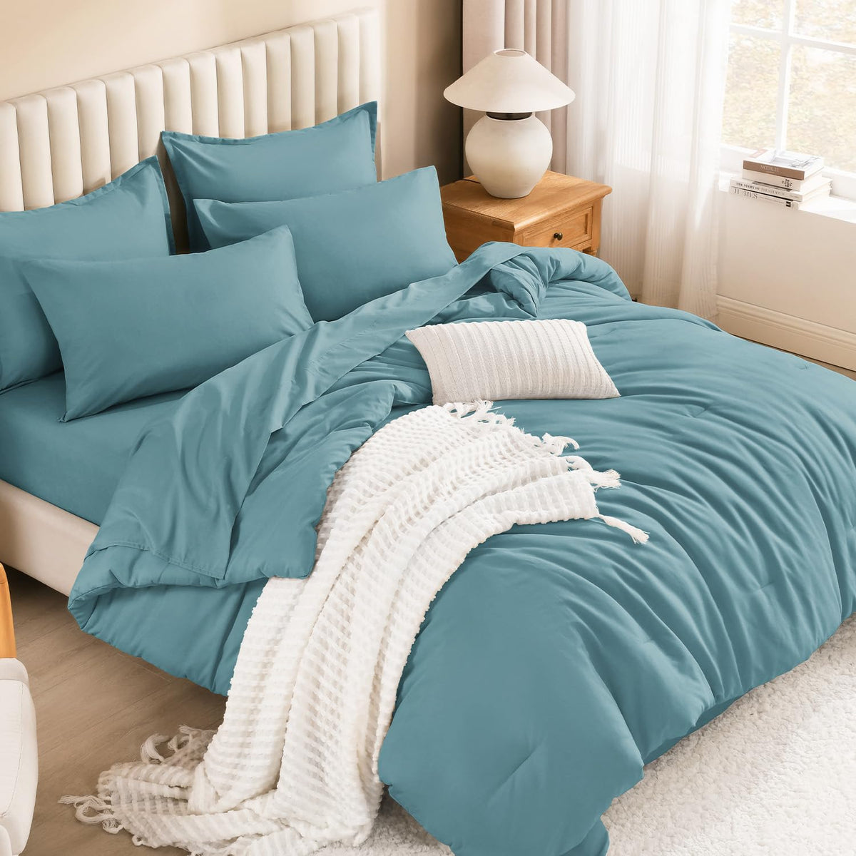 Litanika King Comforter Set with Sheets Beige - 7 Pieces Solid Bed in a Bag