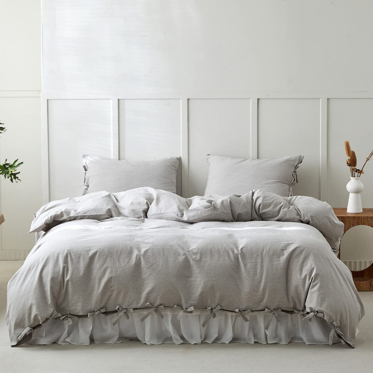 BISELINA 100% Washed Cotton Duvet Cover Set 3pcs with Bowknot Ties Strap Solid Color Linen Like Textured Durable Breathable Soft Comfy Chic Bedding (Twin, Cornflower Blue)