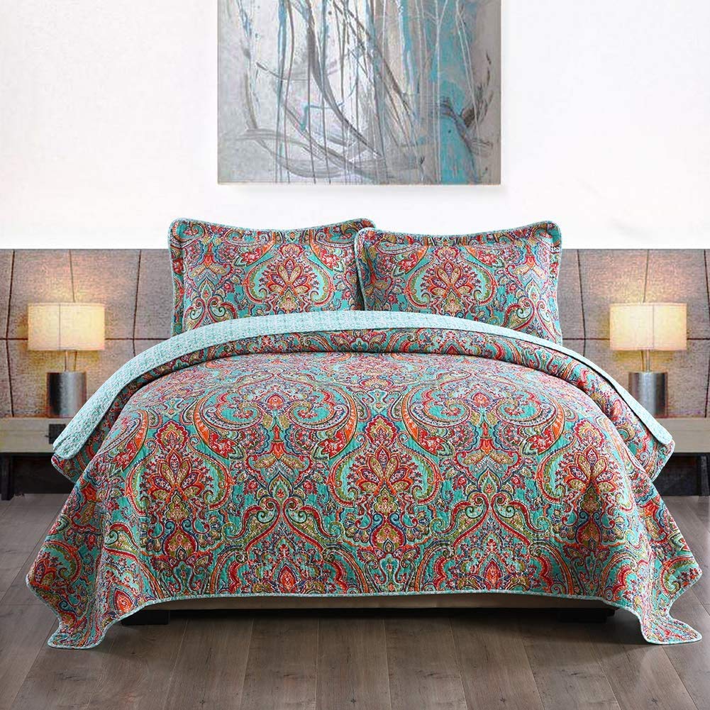 Travan 3-Piece Quilt Set Quilted Bedspread Lightweight Coverlet Set Garden Style Floral Printed Oversized Quilted Bedding Set with Shams for All Season, Exquisite, Queen Size