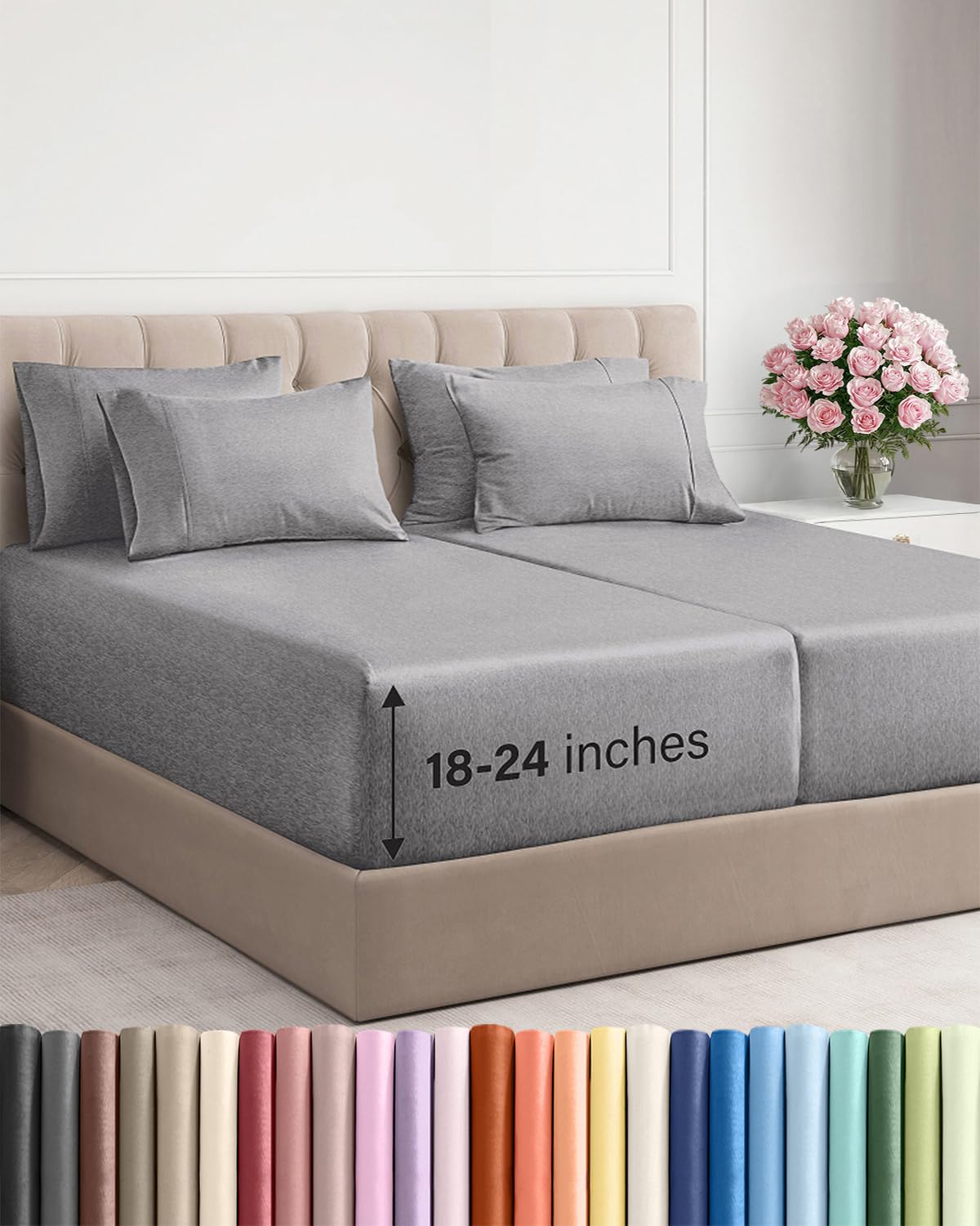 Extra Deep Queen Sheet Set - 6 Piece Breathable and Cooling Sheets - Grey