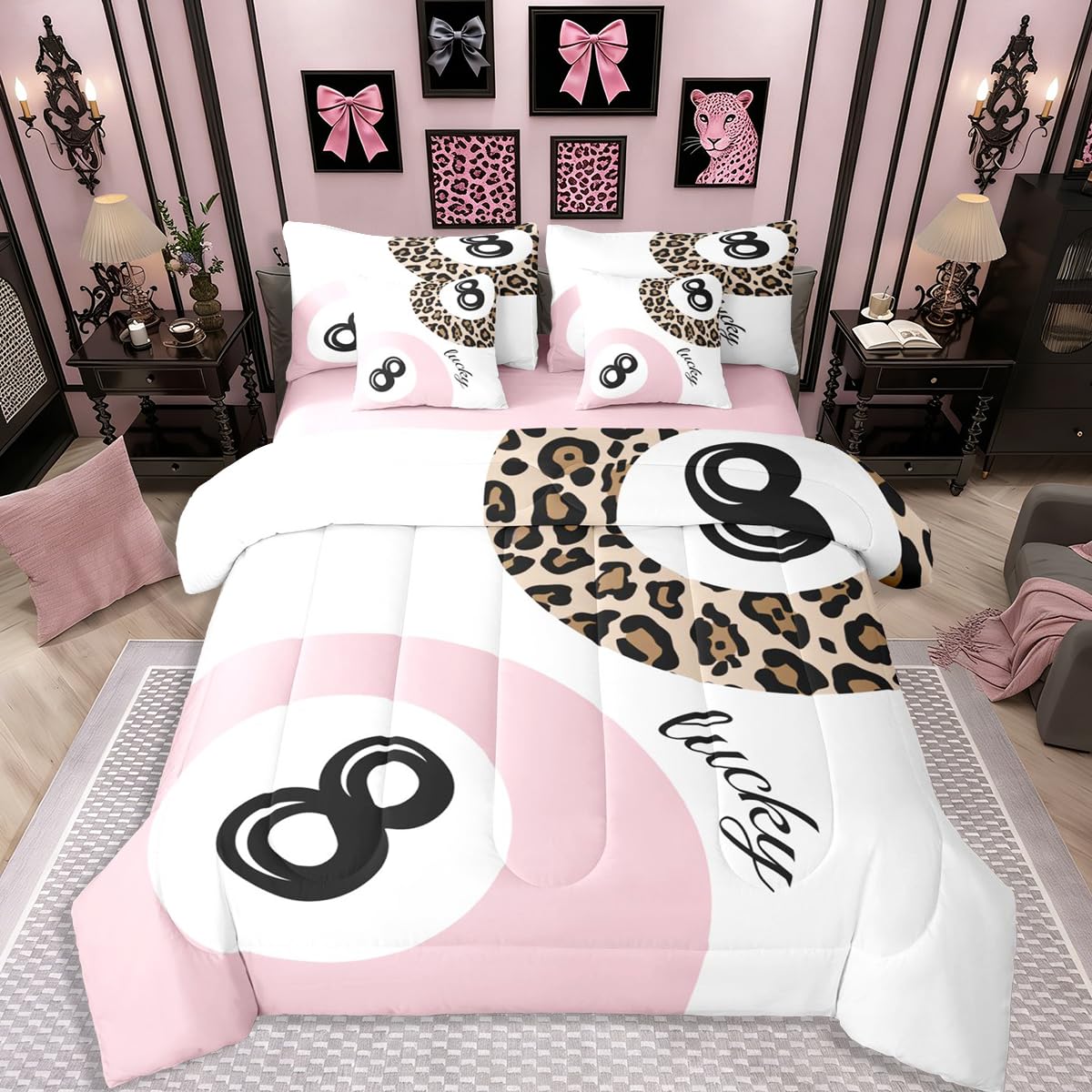 Erosebridal Leopard Print Bedding Set,7 Piece Pink Lucky 8 Ball Cheetah Bed in A Bag Queen Comforter Set for Boys Girls Women Preppy Room Decor Aesthetic Comforter and Sheets Fashion Coquette Bed Set