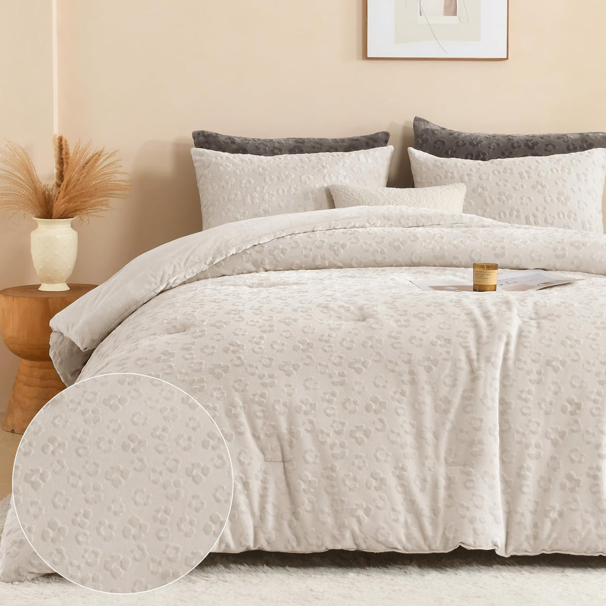 Andency Fluffy King Comforter Set Beige, Cheetah Print Bedding 3 Pieces