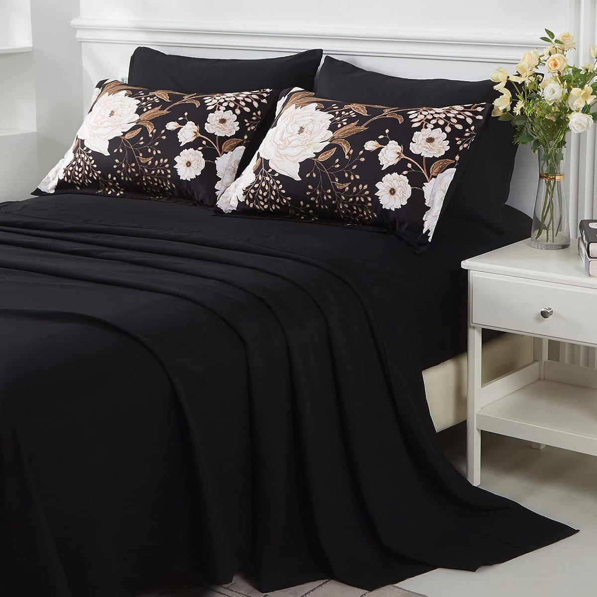 Yogeneg 7 Piece Bed in a Bag Queen Comforter Set Botanical Floral Bedding Set,White Flowers Leaves Printed on Black Reversible Design,Soft Microfiber Comforter with Sheet Set,All Season