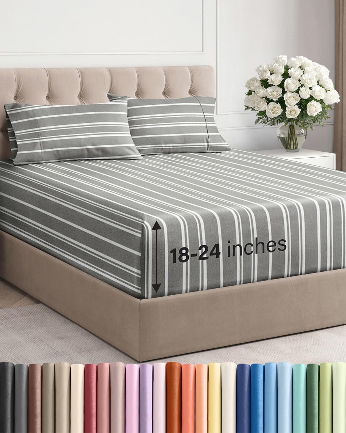 Extra Deep Queen Sheet Set - 6 Piece Breathable and Cooling Sheets - Grey