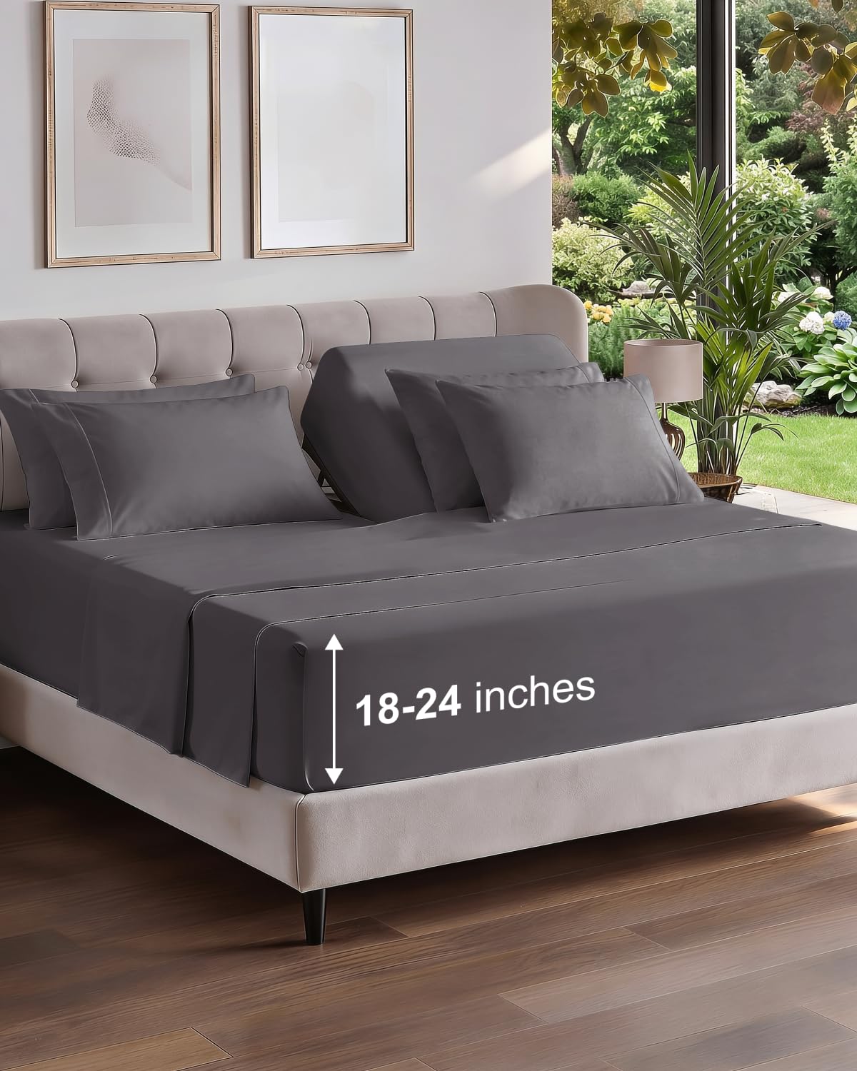 Extra Deep Queen Sheet Set - 6 Piece Breathable and Cooling Sheets - Grey