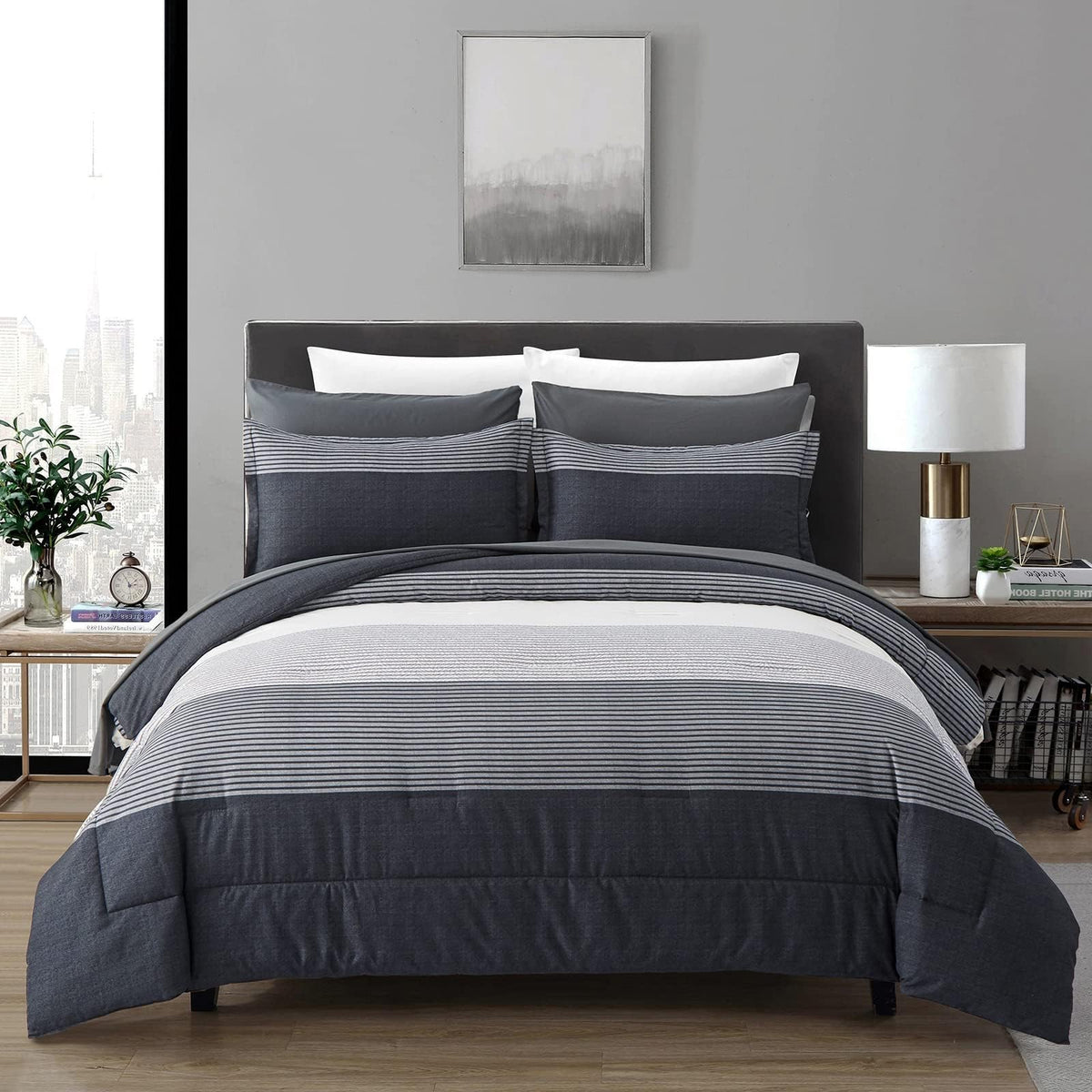 Anibedding Striped Comforter Set Queen Size, Boho Brown Green Striped Bedding Comforter Set 7 Piece Bed in a Bag, Soft Microfiber Down Alternative Farmhouse Bedding Set for All Season(90"x90")