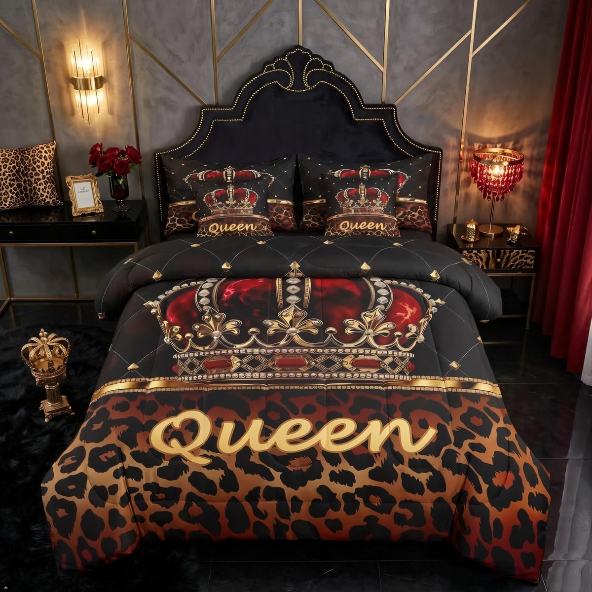 Erosebridal Leopard Print 7 Piece Bedding Set Full Cheetah Decor Comforter Set with Sheets Geometric Modern Bed in A Bag African Safari Animal Bed Sets with 2 Pillowcases, 2 Pillow Covers Lightweight