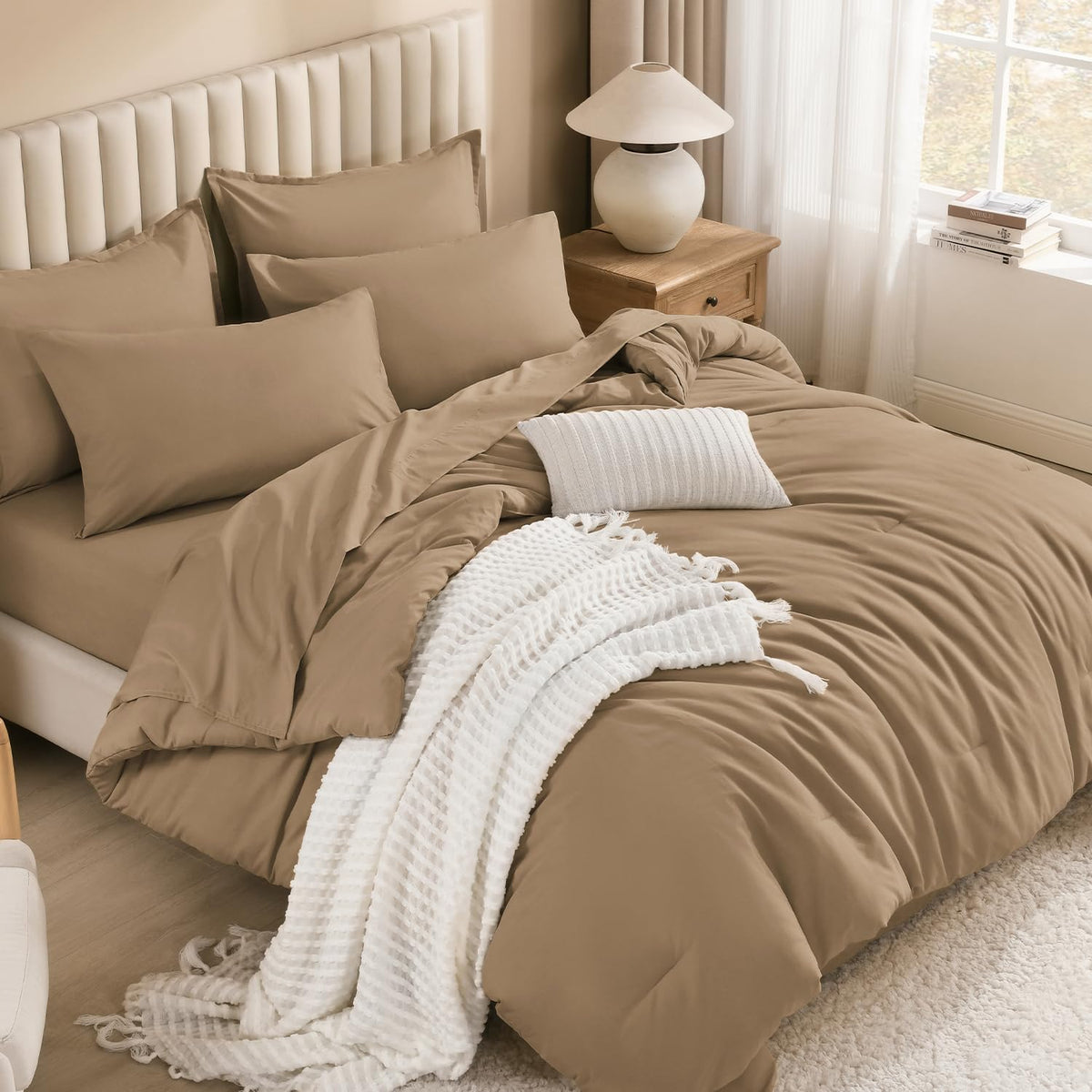 Litanika King Comforter Set with Sheets Beige - 7 Pieces Solid Bed in a Bag
