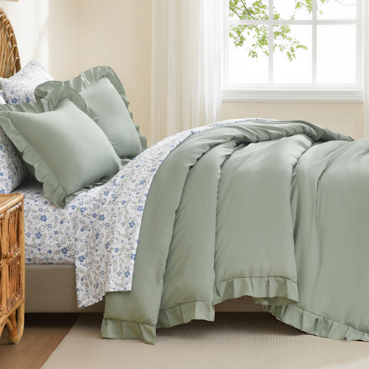 Litanika 7Pcs Queen Ruffled Sage Green Comforter Set with Floral Sheets