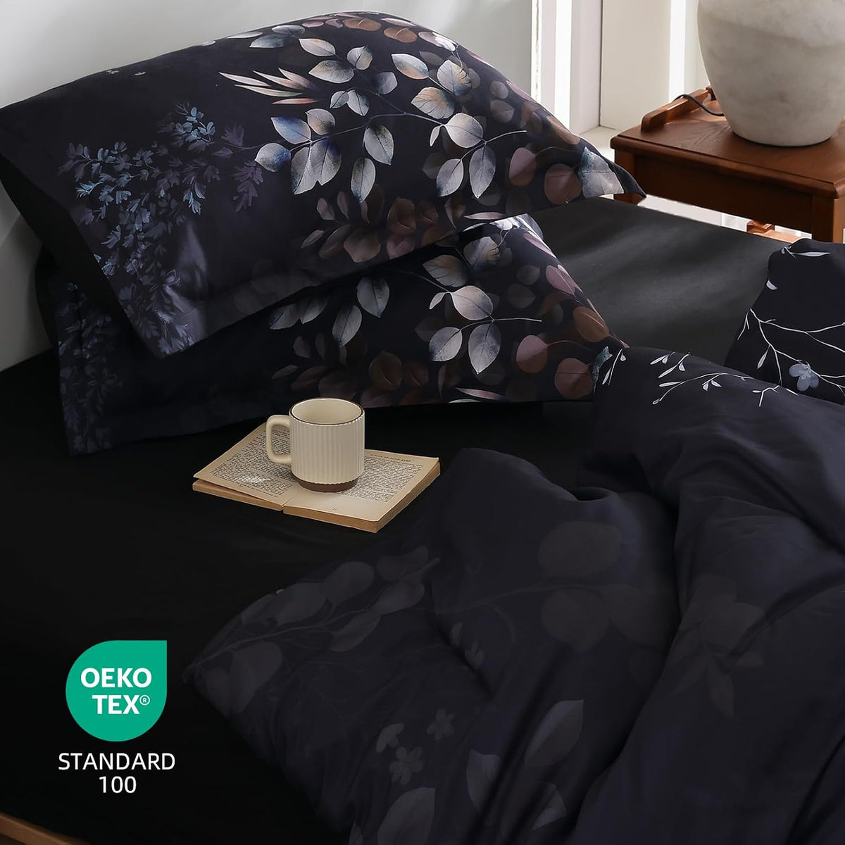 Xruibed Black Comforter Set King Size 7 Pieces Leaf Bed in a Bag Set