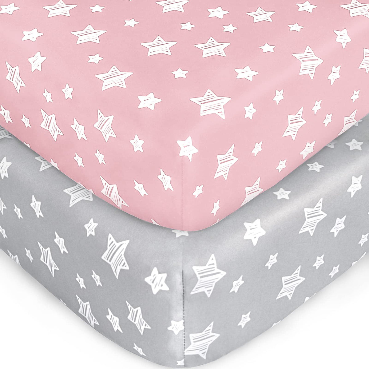 Pack and Play Sheets, 2 Pack Mini Crib Sheets, Stretchy Playard Fitted Sheet, Compatible with Graco Pack n Play, Soft and Breathable Material, Stars & Bunny