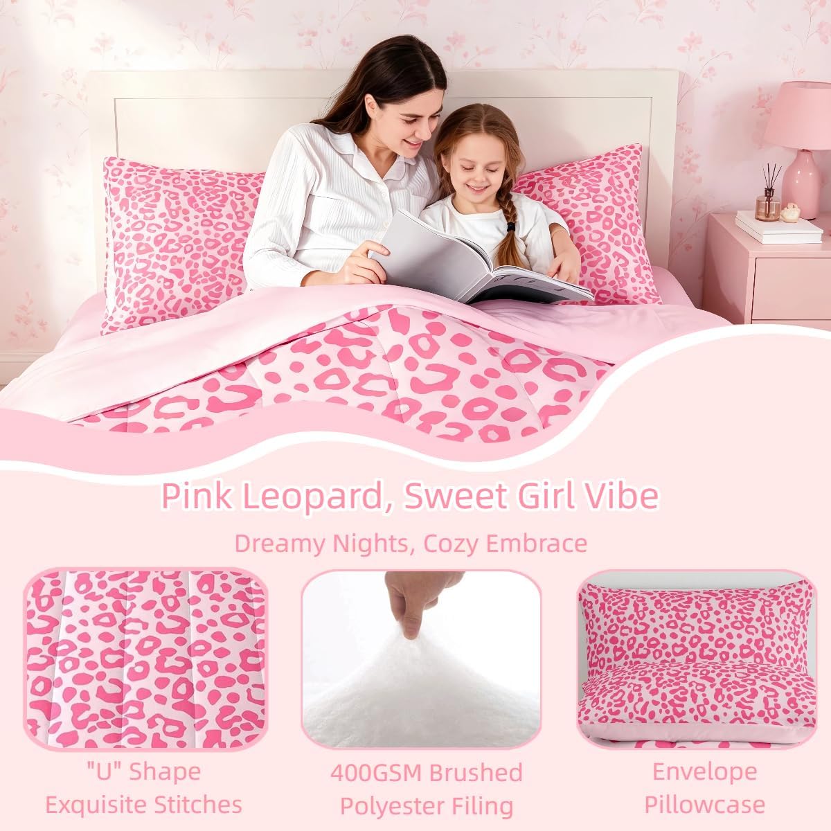 Feelyou Cute Leopard Bedding Set for All Season Cheetah 7 Pieces Comforter Sets Full Size Teens Room Decor Pink Animal Print Bed in a Bag with Comforter, Sheets, Pillowcases & Cushion Cover