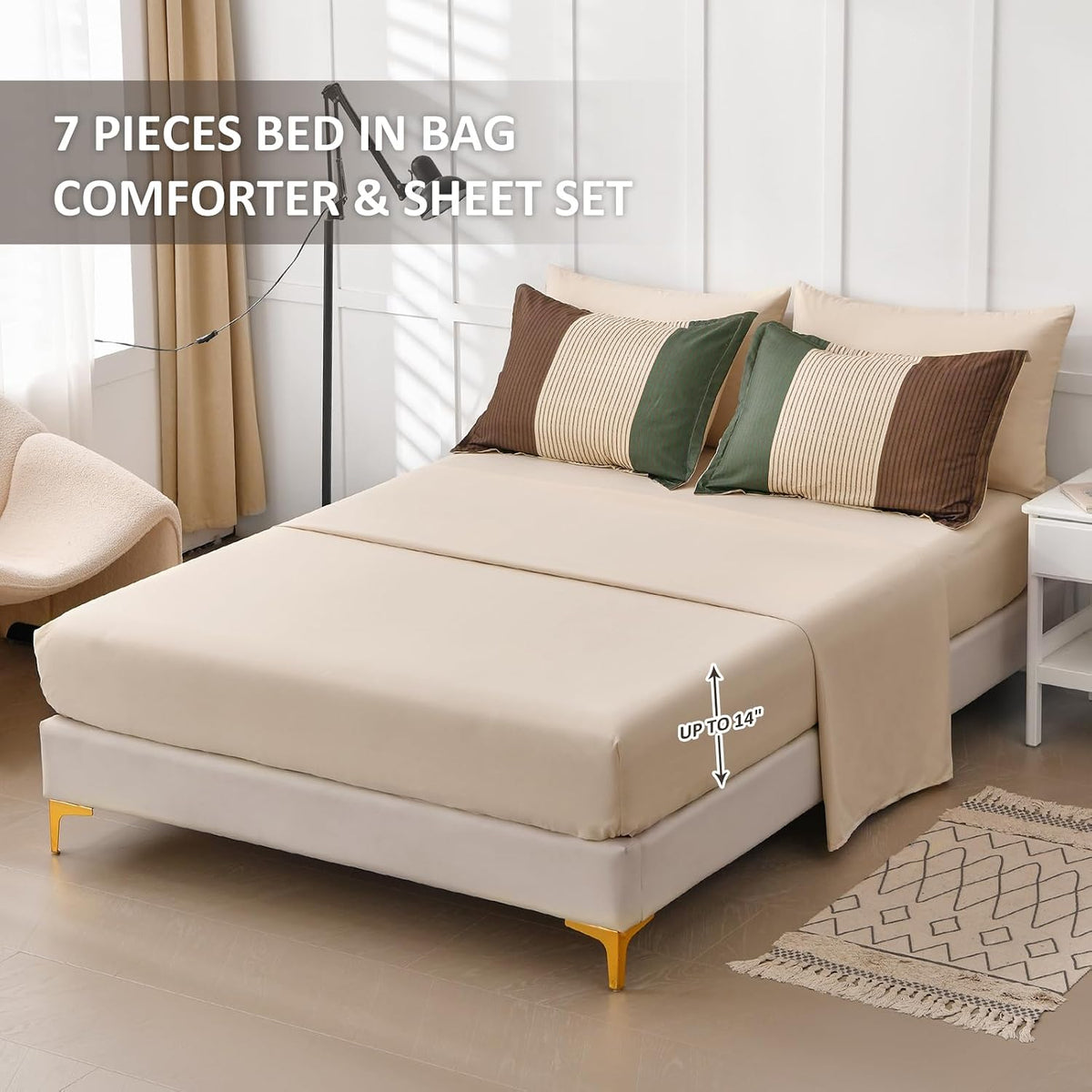 Anibedding Striped Comforter Set Queen Size, Boho Brown Green Striped Bedding Comforter Set 7 Piece Bed in a Bag, Soft Microfiber Down Alternative Farmhouse Bedding Set for All Season(90"x90")