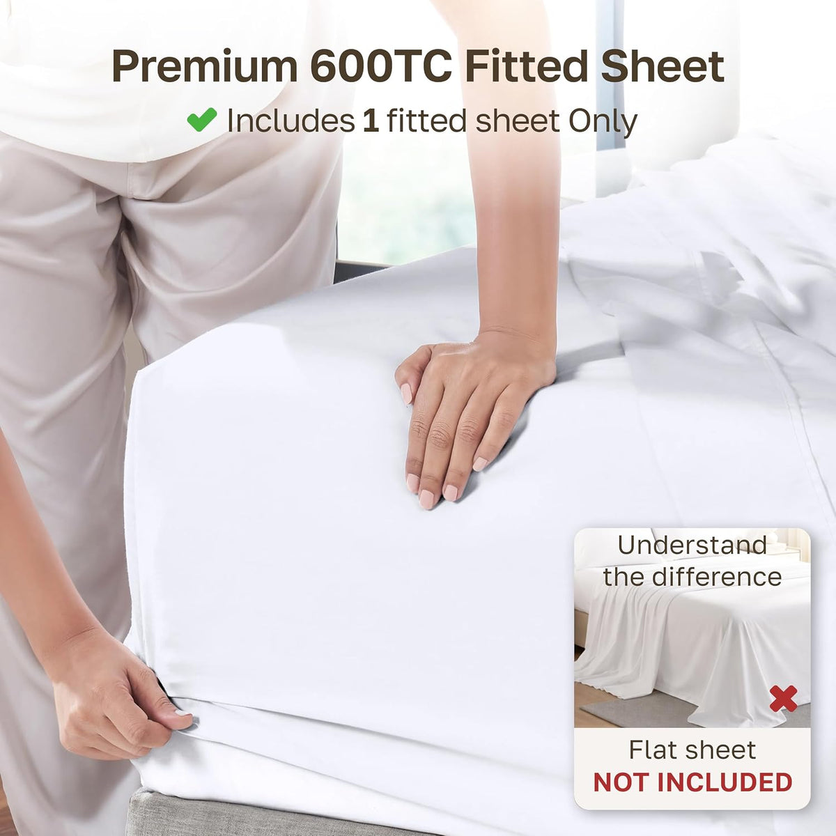 California Design Den Luxury 600 Thread Count King Size Fitted Sheet, White