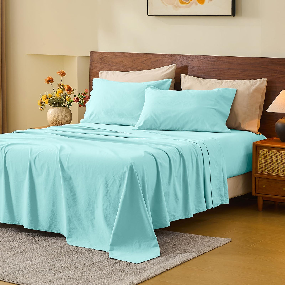 MEISHANG 100% French Linen Sheets Queen,4 Pcs,18-24" Extra Deep Pocket