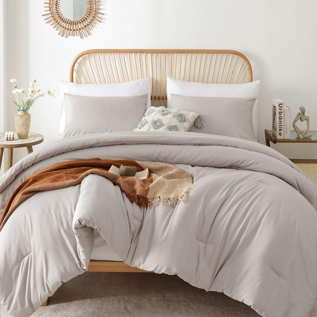 ROSGONIA Queen Comforter Set Oatmeal, 3pcs(1 Boho Oatmeal Comforter & 2 Pillowcases) All Season Soft Bedding Lightweight Bedspread Blanket Quilt