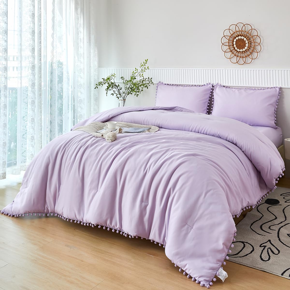PERFEMET 5 Pieces Lavender Purple Comforter Set Twin Girls Pom Bedding Sets