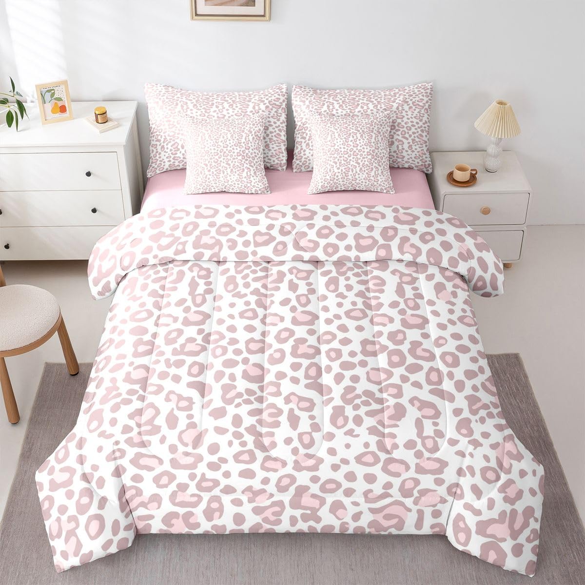 Feelyou Cute Leopard Bedding Set for All Season Cheetah 7 Pieces Comforter Sets Full Size Teens Room Decor Pink Animal Print Bed in a Bag with Comforter, Sheets, Pillowcases & Cushion Cover