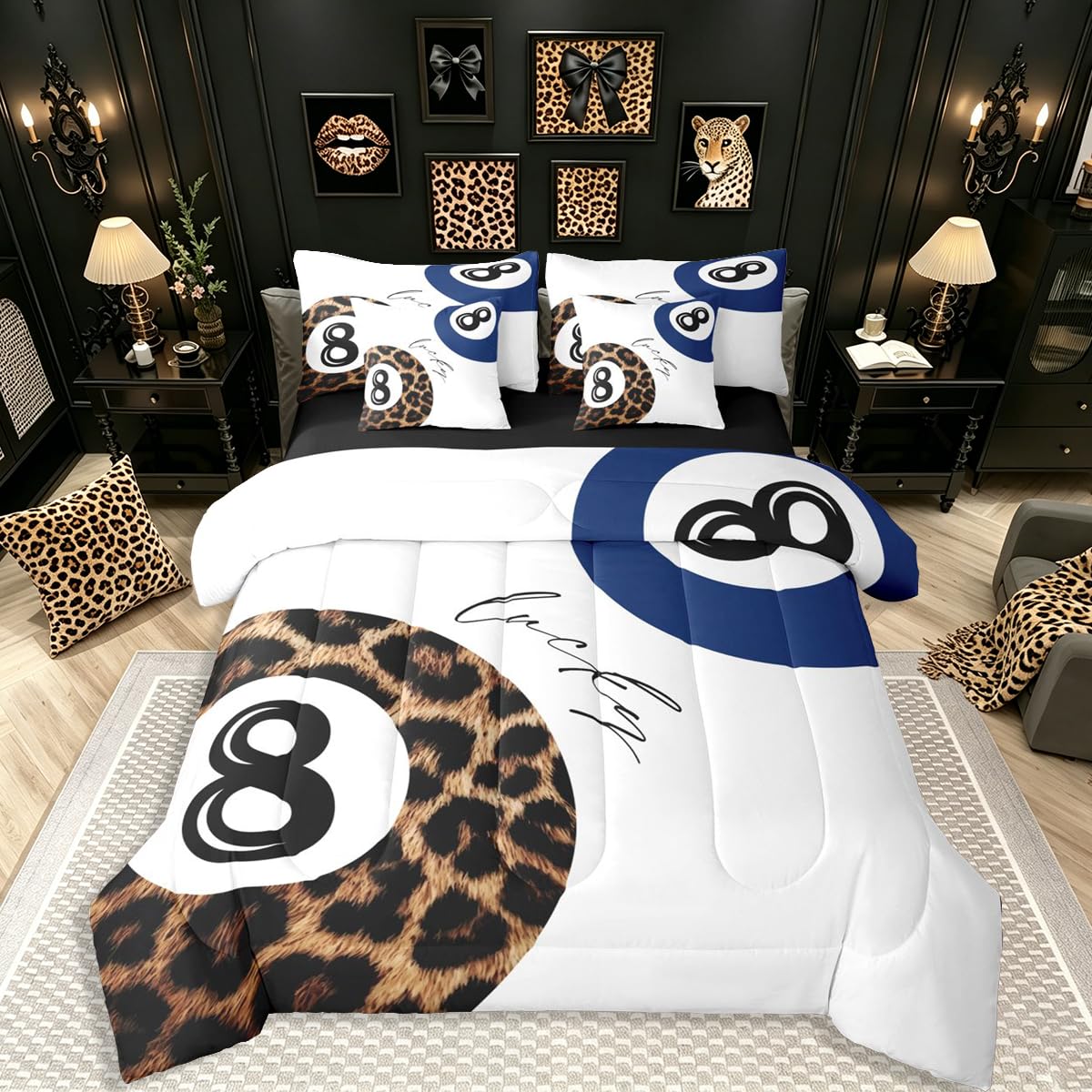 Erosebridal Leopard Print Bedding Set,7 Piece Pink Lucky 8 Ball Cheetah Bed in A Bag Queen Comforter Set for Boys Girls Women Preppy Room Decor Aesthetic Comforter and Sheets Fashion Coquette Bed Set