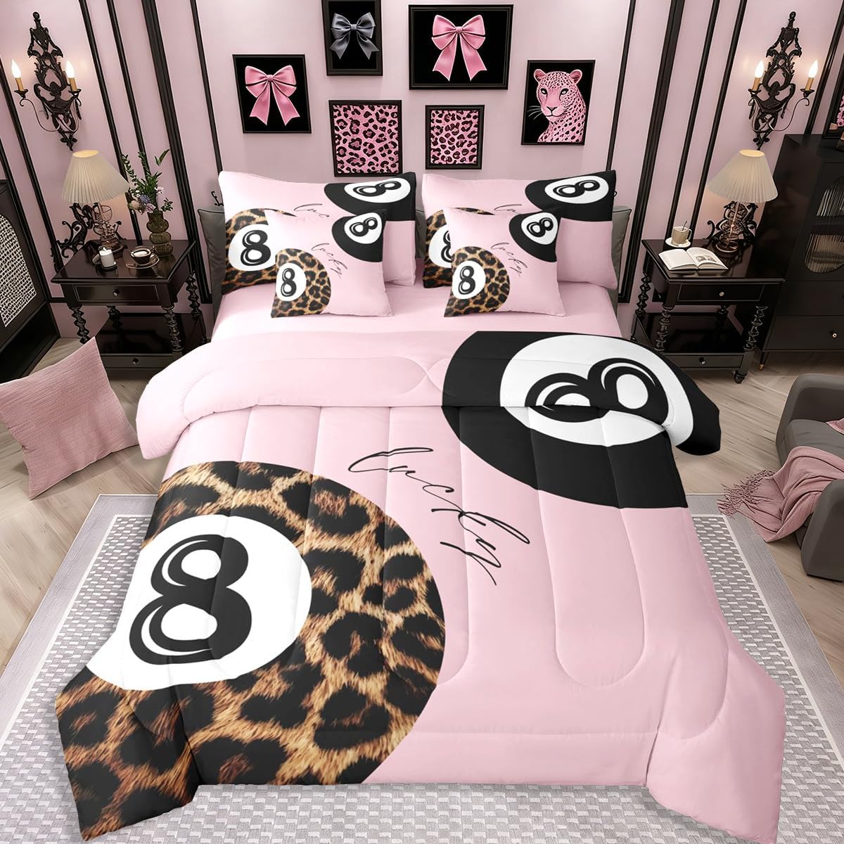 Erosebridal Leopard Print Bedding Set,7 Piece Pink Lucky 8 Ball Cheetah Bed in A Bag Queen Comforter Set for Boys Girls Women Preppy Room Decor Aesthetic Comforter and Sheets Fashion Coquette Bed Set